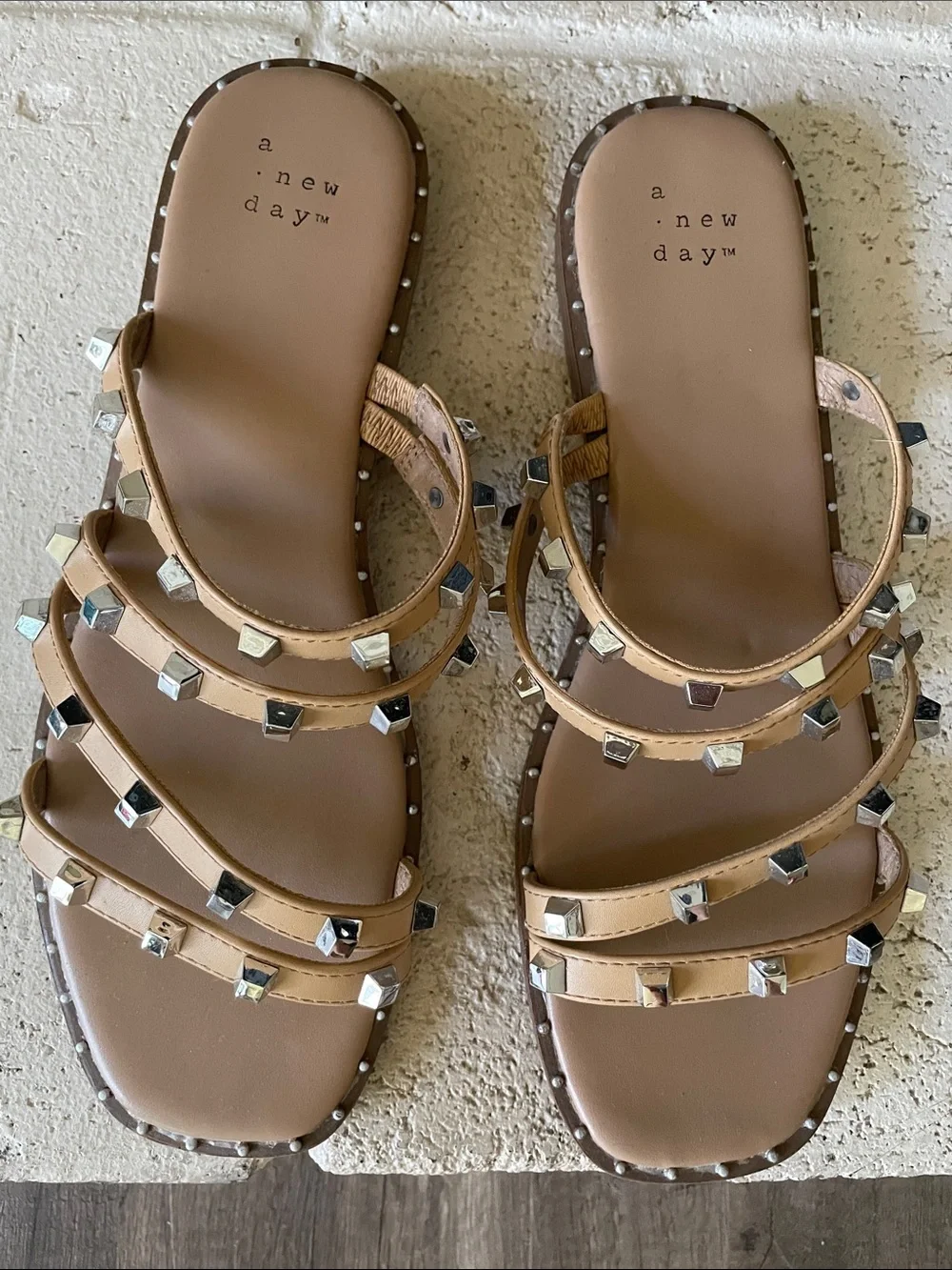 a new day Tan Studded Multi-Strap Slide Sandals